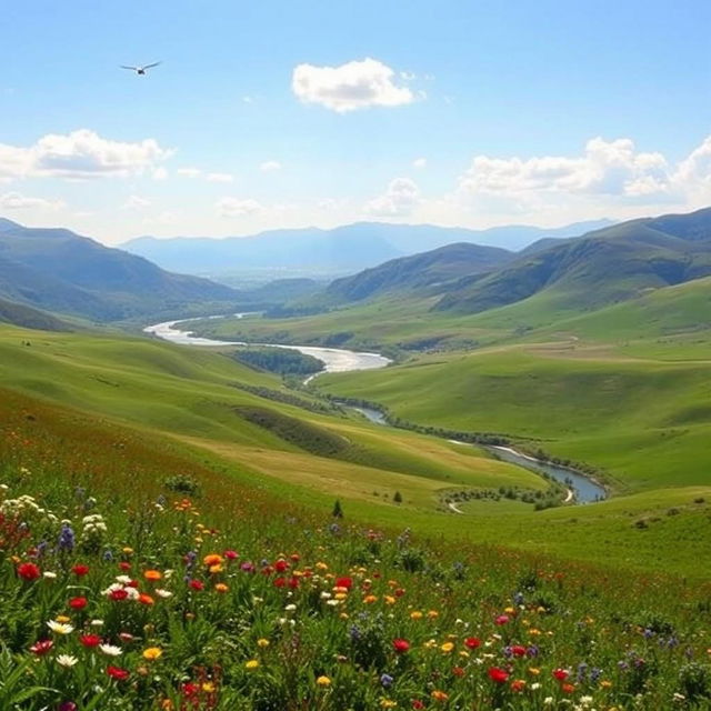 A serene landscape featuring a breathtaking view of rolling hills under a bright blue sky