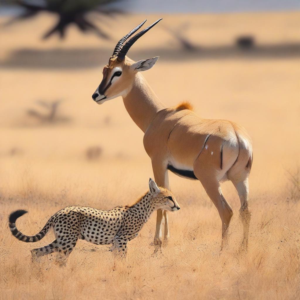 A surprising role reversal image of an antelope preying on a cheetah, challenging the conventional animal hierarchy in the wild