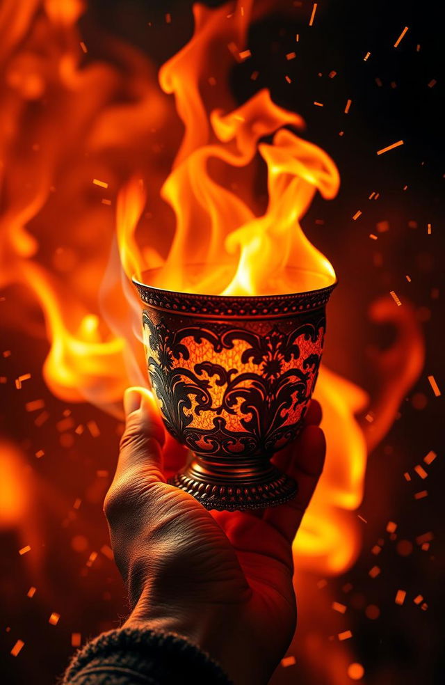 A dynamic and dramatic scene showcasing a glowing cup being held by a hand, surrounded by swirling flames and bright sparks