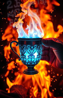 A dynamic and dramatic scene showcasing a glowing cup being held by a hand, surrounded by swirling flames and bright sparks