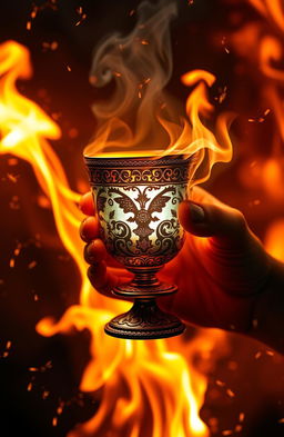 A dynamic and dramatic scene showcasing a glowing cup being held by a hand, surrounded by swirling flames and bright sparks