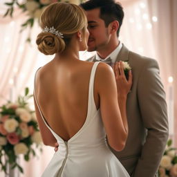A romantic wedding scene featuring a bride and groom sharing an intimate kiss face to face