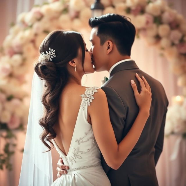 A romantic wedding scene featuring a bride and groom sharing an intimate kiss face to face