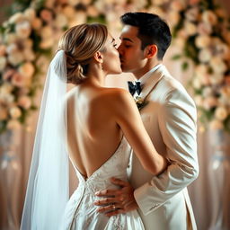 A romantic wedding scene featuring a bride and groom sharing an intimate kiss face to face