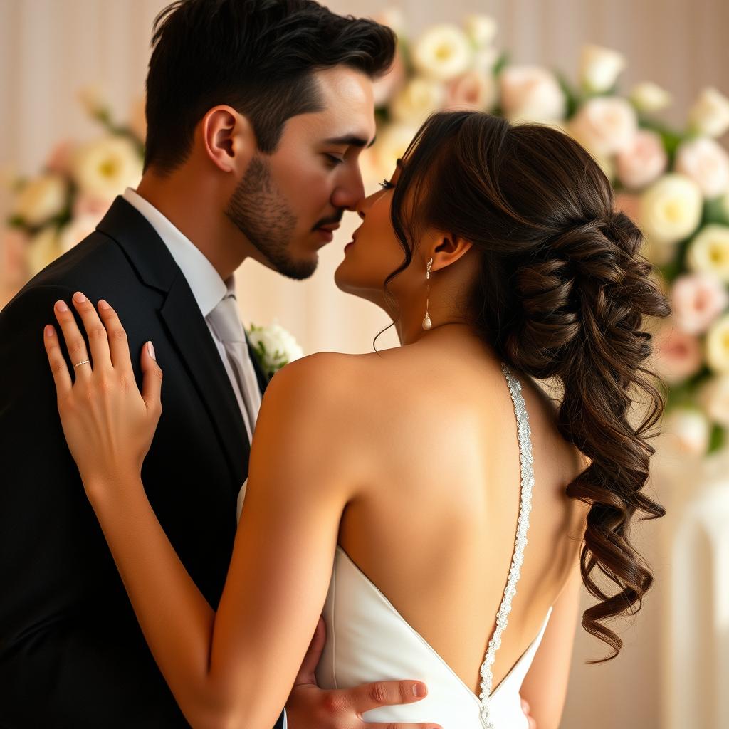 A romantic wedding scene featuring a bride and groom sharing an intimate kiss face to face