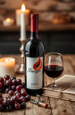 An aesthetically pleasing arrangement showcasing a bottle of vibrant red wine, labeled 'Fuego', with a striking reddish-orange flame motif on the label