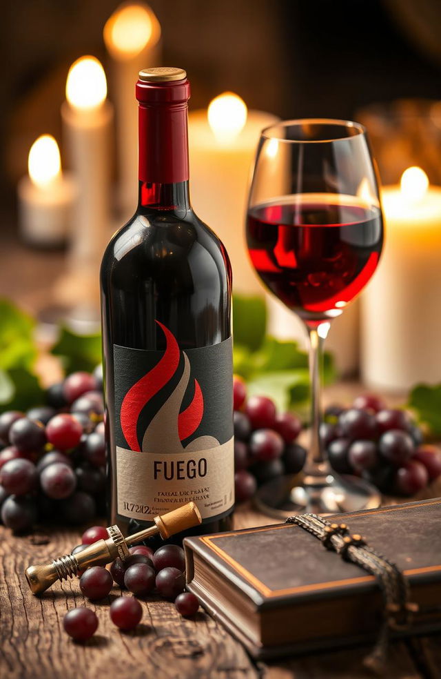 An aesthetically pleasing arrangement showcasing a bottle of vibrant red wine, labeled 'Fuego', with a striking reddish-orange flame motif on the label