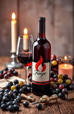 An aesthetically pleasing arrangement showcasing a bottle of vibrant red wine, labeled 'Fuego', with a striking reddish-orange flame motif on the label