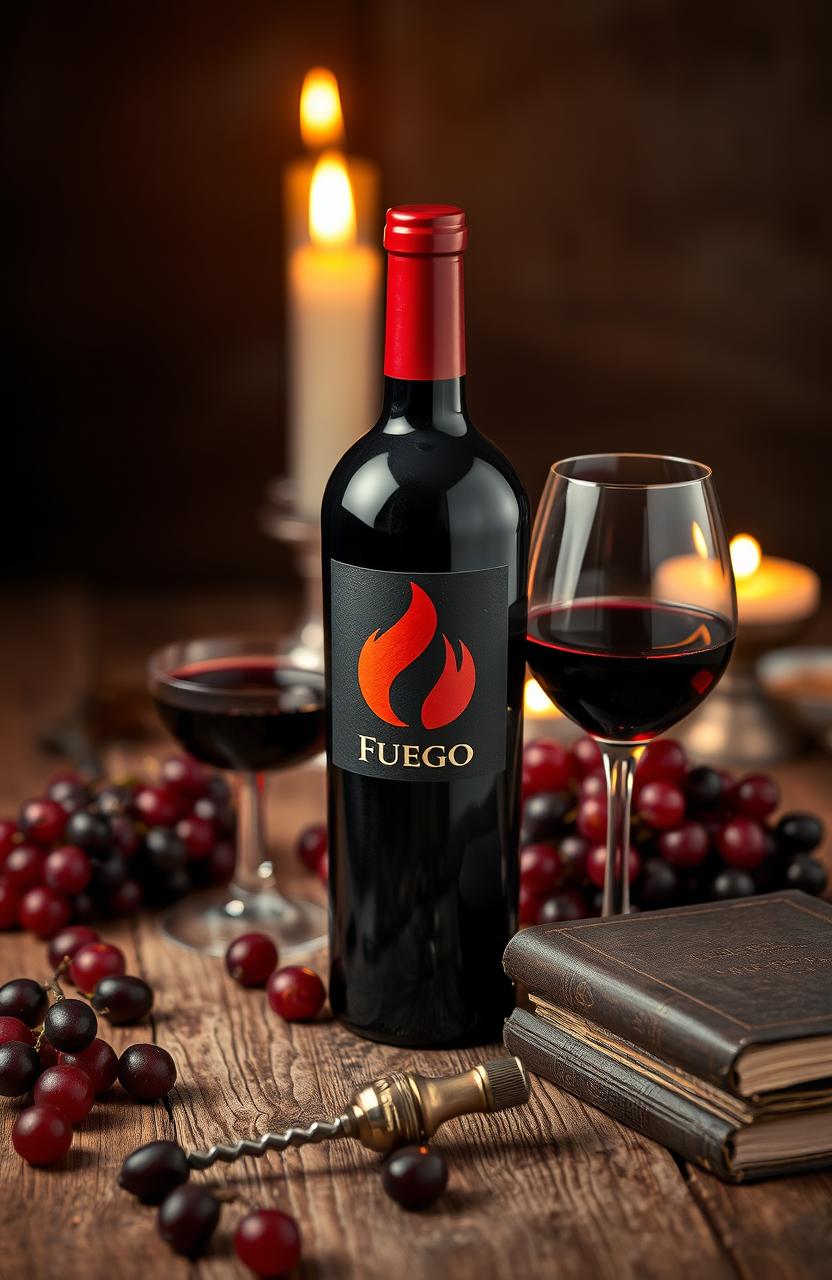 An aesthetically pleasing arrangement showcasing a bottle of vibrant red wine, labeled 'Fuego', with a striking reddish-orange flame motif on the label