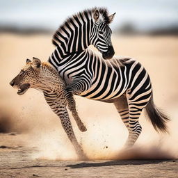 An empowering image of a zebra triumphing over a cheetah, showcasing resilience and unexpected power in the dynamic of nature's survival game