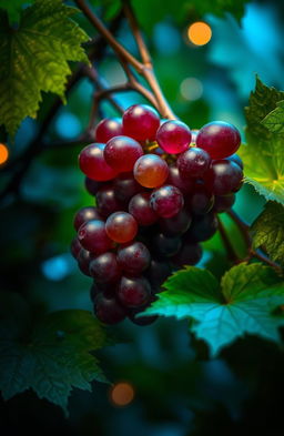 A vibrant and alluring scene featuring a cluster of forbidden fruit, specifically grapes, depicted in rich, deep shades of purple and green