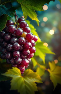 A vibrant and alluring scene featuring a cluster of forbidden fruit, specifically grapes, depicted in rich, deep shades of purple and green