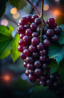 A vibrant and alluring scene featuring a cluster of forbidden fruit, specifically grapes, depicted in rich, deep shades of purple and green