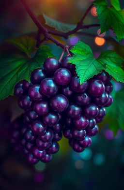 A vibrant and alluring scene featuring a cluster of forbidden fruit, specifically grapes, depicted in rich, deep shades of purple and green