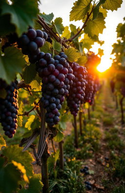 A lush vineyard scene showcasing vibrant, plump forbidden grapes hanging from robust vines