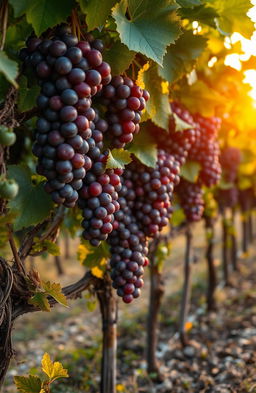 A lush vineyard scene showcasing vibrant, plump forbidden grapes hanging from robust vines