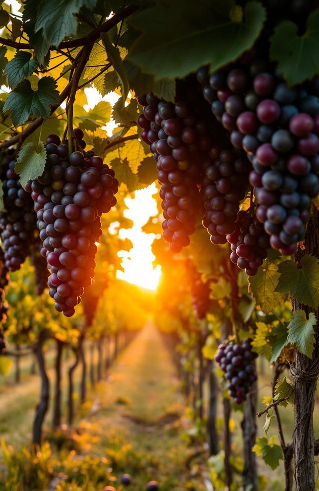 A lush vineyard scene showcasing vibrant, plump forbidden grapes hanging from robust vines