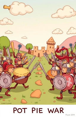 A whimsical and humorous scene of a pot pie war, featuring two opposing armies made up of anthropomorphic pot pies, each with their own unique toppings like chicken, veggies, and gravy