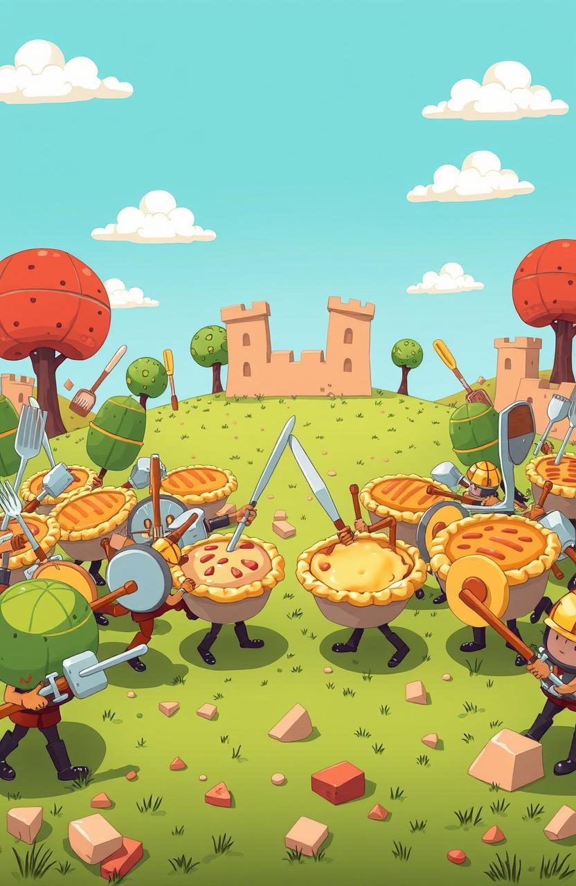 A whimsical and humorous scene of a pot pie war, featuring two opposing armies made up of anthropomorphic pot pies, each with their own unique toppings like chicken, veggies, and gravy