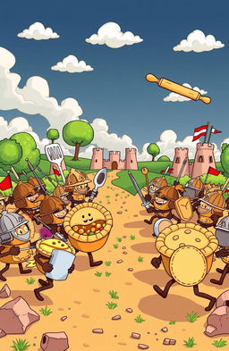 A whimsical and humorous scene of a pot pie war, featuring two opposing armies made up of anthropomorphic pot pies, each with their own unique toppings like chicken, veggies, and gravy