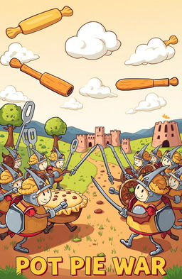 A whimsical and humorous scene of a pot pie war, featuring two opposing armies made up of anthropomorphic pot pies, each with their own unique toppings like chicken, veggies, and gravy
