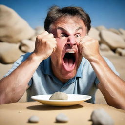 A perplexing image of a person attempting to eat a rock, their facial expression reflecting confusion and bewilderment at this unconventional diet