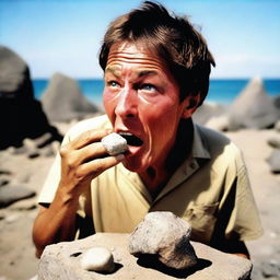 A perplexing image of a person attempting to eat a rock, their facial expression reflecting confusion and bewilderment at this unconventional diet