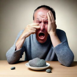 A perplexing image of a person attempting to eat a rock, their facial expression reflecting confusion and bewilderment at this unconventional diet