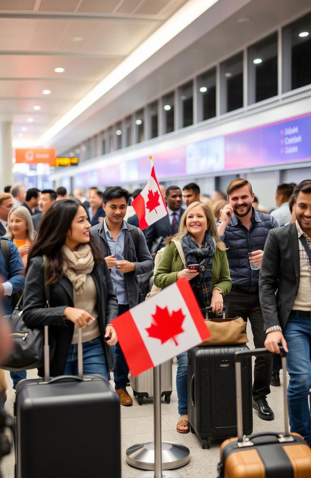 A lively scene at an airport where diverse men and women are boarding a flight