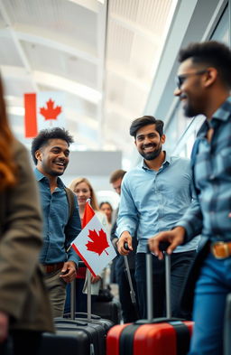 A lively scene at an airport where diverse men and women are boarding a flight
