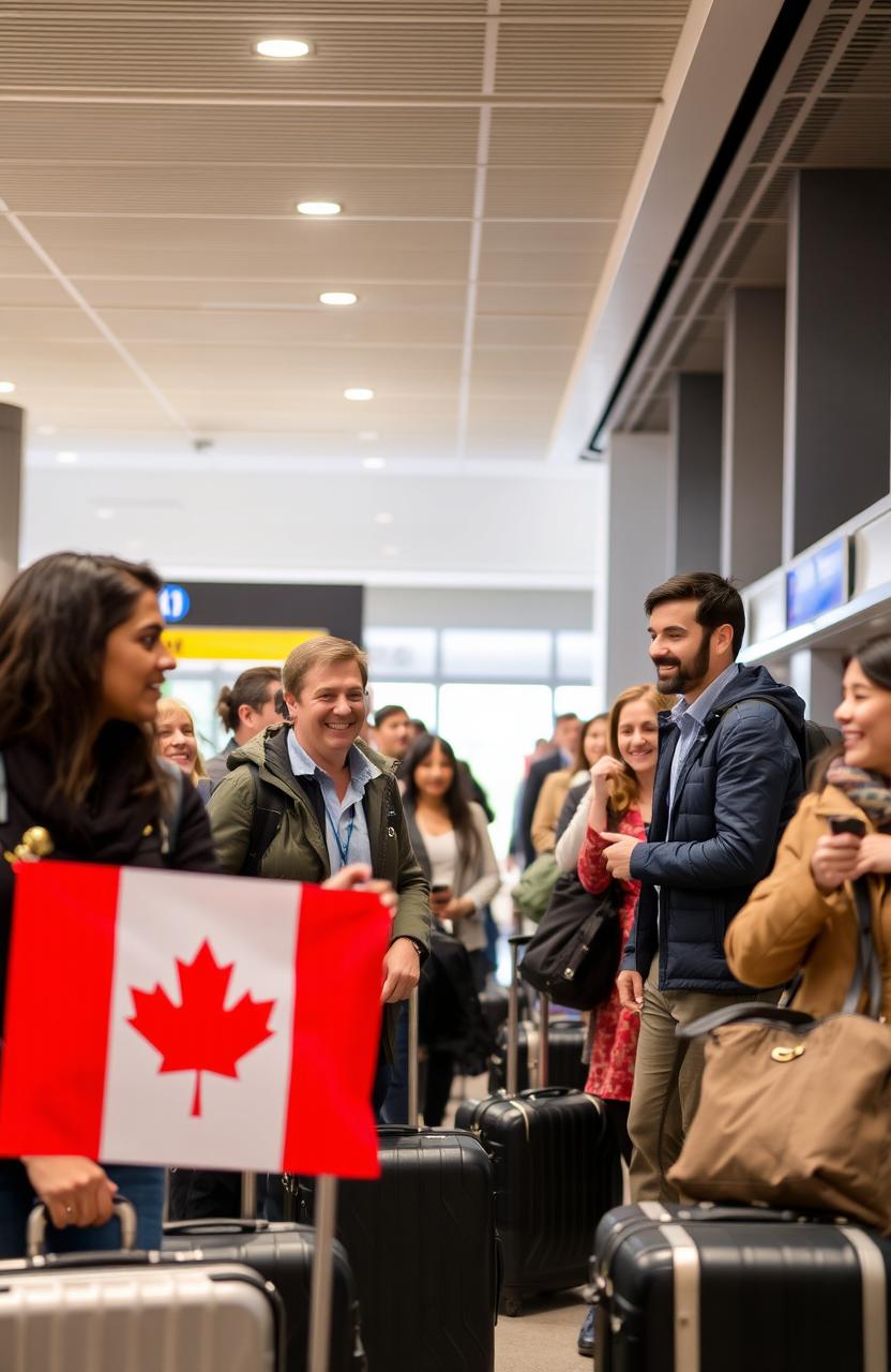 A lively scene at an airport where diverse men and women are boarding a flight