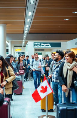 A lively scene at an airport where diverse men and women are boarding a flight