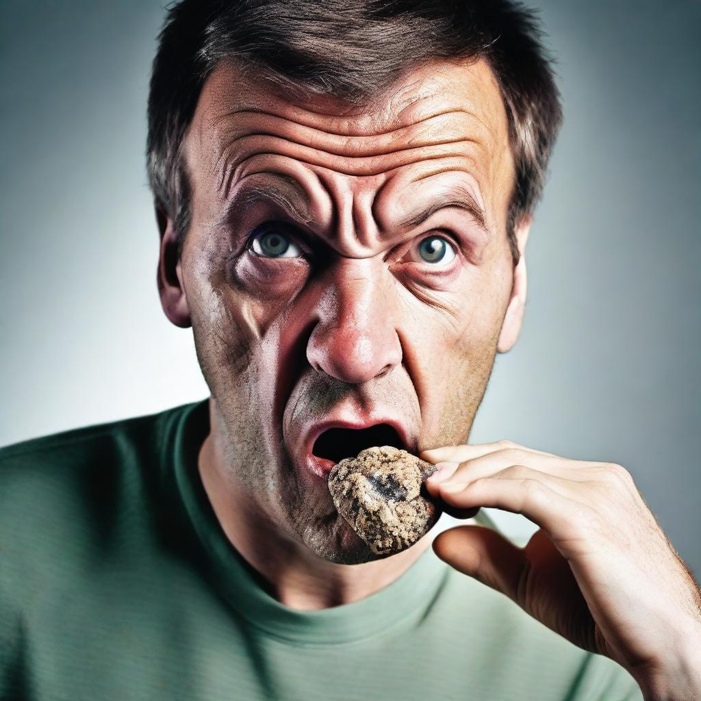 A perplexing image of a person attempting to eat a rock, their facial expression reflecting confusion and bewilderment at this unconventional diet