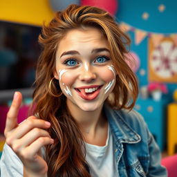 A young woman with a playful and carefree expression, her face decorated with splashes of white cream, engaging in a cheeky and lighthearted manner
