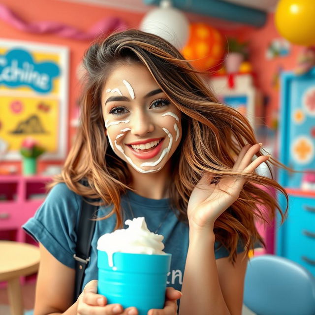 A young woman with a playful and carefree expression, her face decorated with splashes of white cream, engaging in a cheeky and lighthearted manner