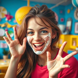 A young woman with a playful and carefree expression, her face decorated with splashes of white cream, engaging in a cheeky and lighthearted manner