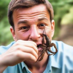 A daring individual attempting to eat a scorpion, their face showing a mixture of fear, excitement, and curiosity.