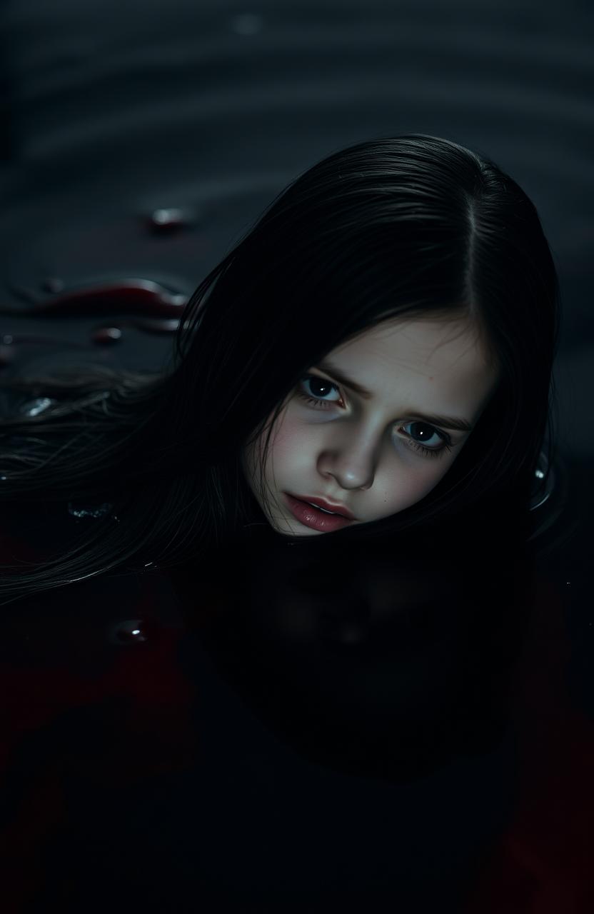 A surreal and haunting scene of a girl submerged in a pool of dark crimson blood, with expressive emotions on her face