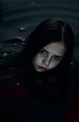 A surreal and haunting scene of a girl submerged in a pool of dark crimson blood, with expressive emotions on her face