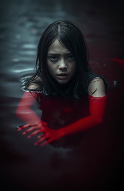 A surreal and haunting scene of a girl submerged in a pool of dark crimson blood, with expressive emotions on her face