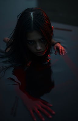 A surreal and haunting scene of a girl submerged in a pool of dark crimson blood, with expressive emotions on her face