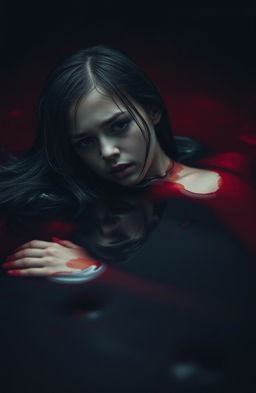 A surreal and haunting scene of a girl submerged in a pool of dark crimson blood, with expressive emotions on her face