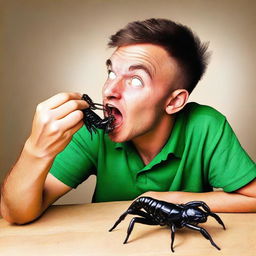 A daring individual attempting to eat a scorpion, their face showing a mixture of fear, excitement, and curiosity.