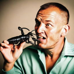 A daring individual attempting to eat a scorpion, their face showing a mixture of fear, excitement, and curiosity.