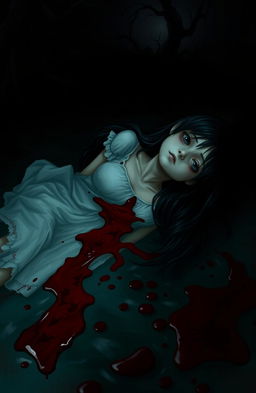 A dark and haunting scene depicting a girl slowly sinking into a pool of her own blood, with a somber atmosphere