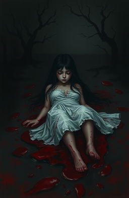 A dark and haunting scene depicting a girl slowly sinking into a pool of her own blood, with a somber atmosphere