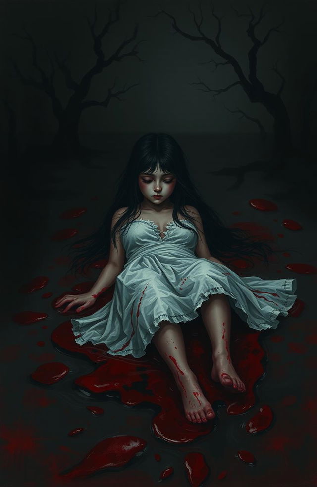 A dark and haunting scene depicting a girl slowly sinking into a pool of her own blood, with a somber atmosphere