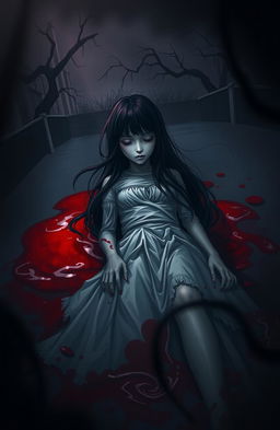 A dark and haunting scene depicting a girl slowly sinking into a pool of her own blood, with a somber atmosphere