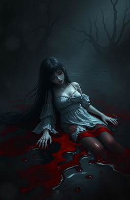 A dark and haunting scene depicting a girl slowly sinking into a pool of her own blood, with a somber atmosphere