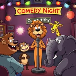 A humorous cartoon scene depicting a group of animals at a comedy club, with a lion as the stand-up comedian telling jokes